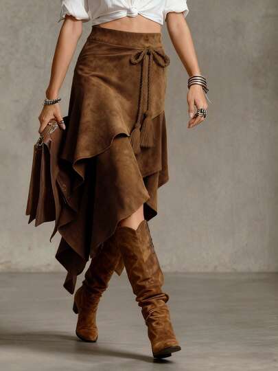 European And American New Women's Retro Asymmetrical Rope Tied Casual Solid Color Elegant Half Skirt Spring