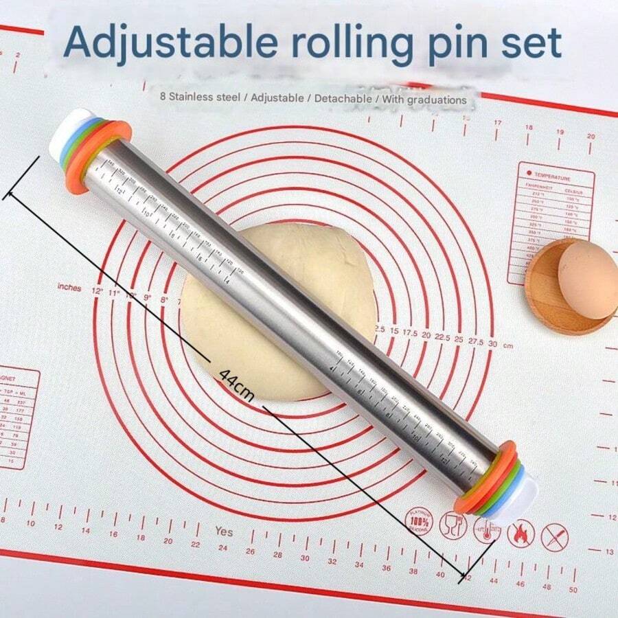 17-Inch Adjustable Stainless Steel Rolling Pin & Pastry Mat Set - Silver - View 1