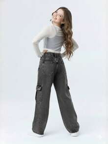 Cargo Wide Leg Jeans For Girls, Charcoal Graphite Marbled Black With Pocket, Chic, Stylish, Streetwear, Tumblr - 黑色 - 查看 5