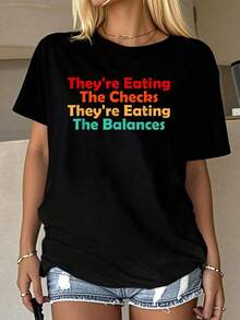 They're Eating Checks & Balances Sarcastic Economy T-Shirt Graphic Tees Women Summer Tops Round Neck Shirt Cotton Women Clothing Summer Outfits Women Fall Women Clothes Tops Women Black ShirtPrint Round Neck Short Sleeve T-Shirt For Women Casual, Summer , Women Top Graphic Tees Women Tops - Black - View 1