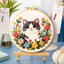 [Cat & Floral Theme] Round Embroidery DIY Kit, Cute Cat + Flower Pattern, Beginner Handmade Cross Stitch Set, Includes Embroidery Hoop, Thread, Suitable For Home Wall Decor - Multicolor - View 6