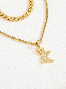 2pcs/Set Fashion Classic Gold Copper Set Zirconia 26 Letter Pendant Necklace Chain Necklace Double Layer Stacked Necklace Free Matching Festival Party Jewelry Accessories - Gold - View 5