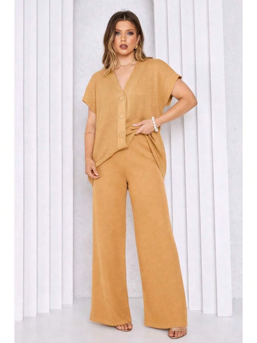 Women's Knit Set: Wide-Leg Pants And Maxi Vest, Tank Top With Buttons, Kimono Style, Simple Maternity Knit, Faux Pockets, Button Detail, Beach Set, Meeting, Daily, Office, Vacation, Summer - Rượu sâm banh - Xem 1