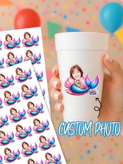 12/24/40pcs Customized Photo Cartoon Mermaid Stickers,Personalized Face & Magical Mermaid Tail Design Sticker,Mermaid Theme Birthday Party Stickers,Beach Party Decor Stickers