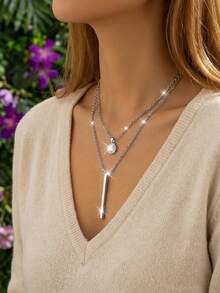 1件925纯银双层水钻项链，优雅珠宝礼品，适合各种场合 - 雙層鑲鑽項鍊 - 查看 2