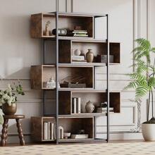 Five-Tier Bookcase With Shelves, Made Of Brown Veined Wood And Black Steel Tubing - Black+Brown - View 2