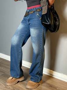 Women's Mid Waist Side Buckle Jeans | Light Blue Washed Wide Leg Loose Casual Pants For Daily Wear - Rửa tối - Xem 8