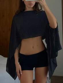 Womens Sheer Mesh Poncho Tops Solid Color Bat Sleeve Round Neck Loose Fit See Through T Shirt Crop Top Blouses Boho Chiffon Peplum Shawl Cropped Shirts Summer Beach Cover Up Going Out Tops Vacation Streetwear - 黑色 - 查看 2