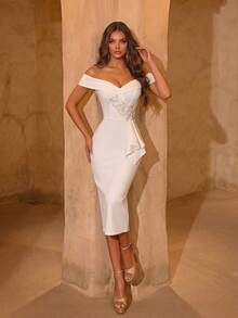 ADYCE Elegant Beaded Floral Decor Midi Bandage Party Dress, Suitable For Ball, Birthday Party, Evening Gala, Date, Homecoming, Wedding Guest, Cocktail Party, Family Gathering, Holiday, White Dress, New Year Dress Spring - White - View 1