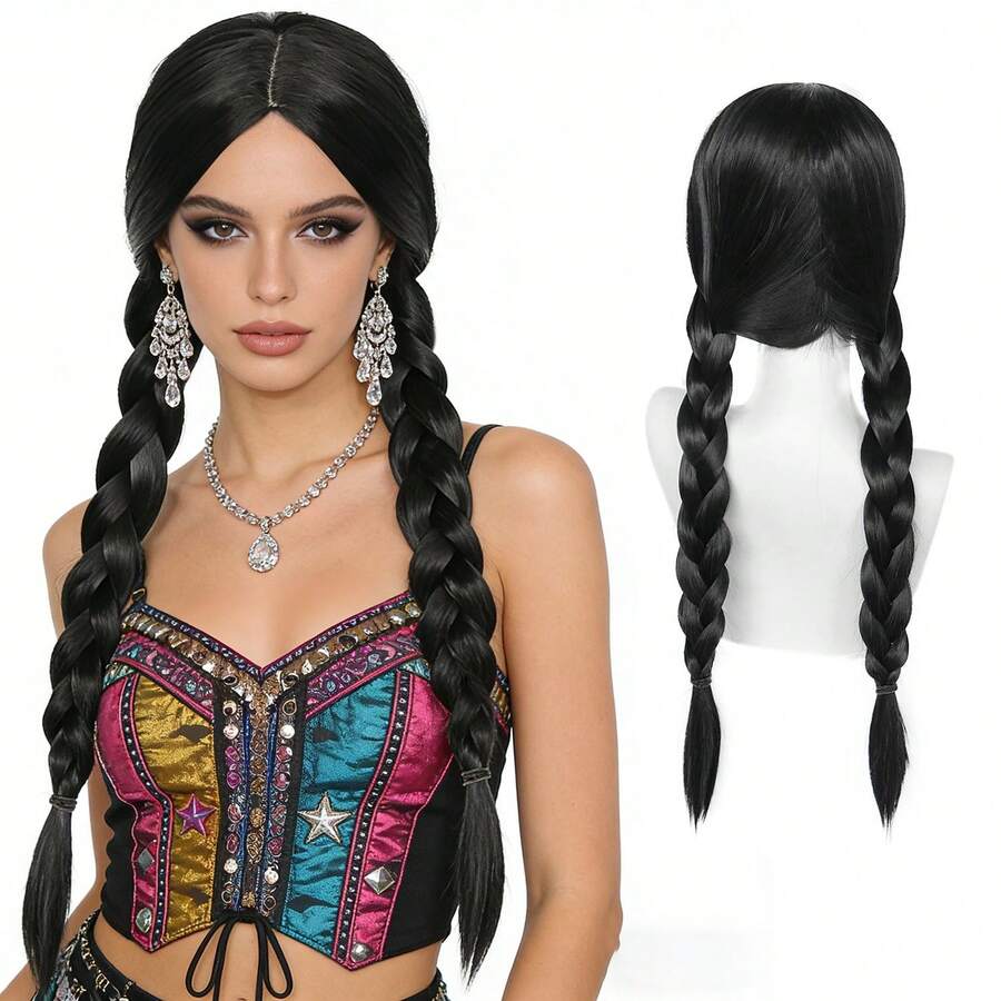 Realistic Black Double Braid Wig, Daily Street & Music Festival Party Hairstyle, Natural Long Braid Wig For Daily Wear - Black - View 1