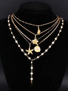 5件套时尚简约优雅仿珍珠海星花朵贝壳吊坠Y型项链套装，适合女性度假、派对、节日、生日、日常佩戴 - 金黃色 - 查看 3