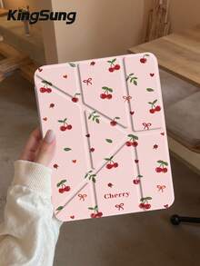 Kingsung 樱桃蝴蝶结图案 Y 型折叠双面喷砂亚克力透明水晶平板电脑保护套，兼容三星平板电脑/Mini6/7/9.7/10.2/10.5/10.9/12.9/Pro 11（第十代），保护套支持多角度调节，支架六种放置方式，内置笔槽，透明后盖，防摔保护，自动唤醒/睡眠 - 彩色 - 查看 3