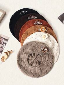 1顶女士水钻花朵镂空休闲贝雷帽，适合日常佩戴和聚会场合。 - 彩色 - 查看 4