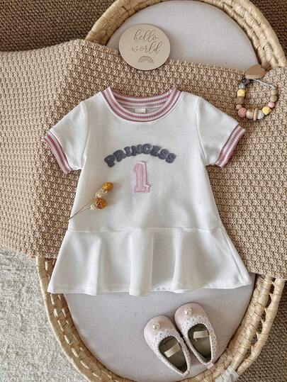 Baby Girls Casual Sweet Letter Applique White Dress, Spring/Summer