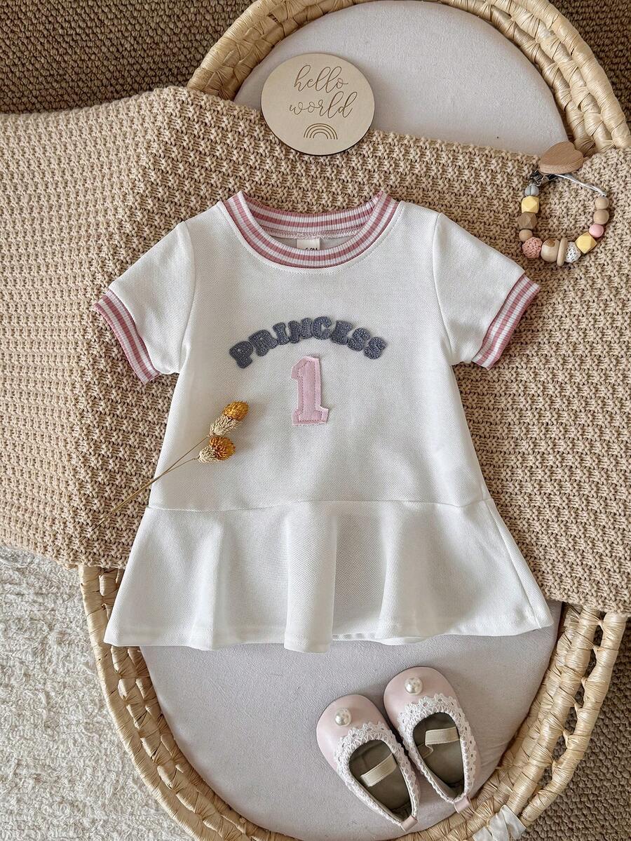Baby Girls Casual Sweet Letter Applique White Dress, Spring/Summer