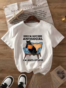 大码女式日常猫咪沙发阅读插画趣味标语图案圆领短袖休闲春夏秋季大码T恤情人节/返校季夏季假期女式上衣 白色 - 白色 - 查看 3