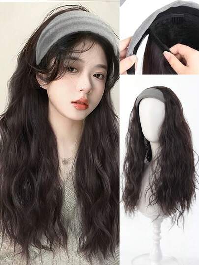 Synthetic Removable Headband Wig,Synthetic Long Wavy Curls Wig Clip In Hair Extension Fluffy Natural False Black (Brown),Easy To Wear, Suitable For Women To Take Photos Outdoors And Use At Daily Gatherings(24 Inch)