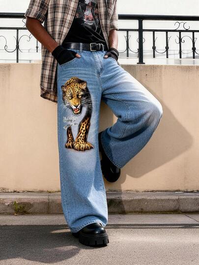 1Pc New American Style Vintage 3D Printed Baggy Wide-Leg Jeans, Japanese-Korean Fashion 3D Printed Wide-Leg Jeans (Excluding Belts And Accessories)