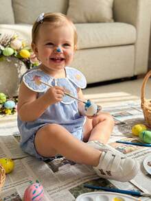 Baby Girls Rompers Easter Clothes Bunny Embroidered Crew Neck Sleeveless Infant Bodysuits Jumpsuits - Sky Blue - View 6