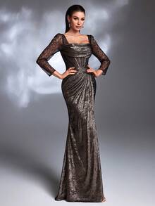 A Bronze Shimmer Coffee Satin Texture Lace Sheer Square Neck Long Lace Sleeve Twisted Waist Open Back Lace-Up High Slit Train Light Luxury Elegant Evening Party Gown Wedding Spring - Coffee Brown - View 7