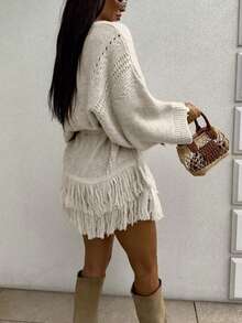 Áo khoác cardigan dệt kim dài cổ chữ V thắt eo, màu trơn, kiểu dáng thanh lịch, thoải mái, có dây đeo, dành cho nữ, thích hợp cho mùa xuân/thu/đông. - Màu Khaki - Xem 7