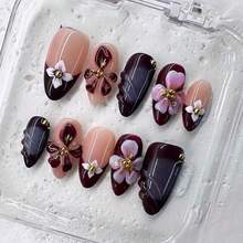Nail Art Haven 10 PCS Handmade Vintage Burgundy Floral Almond Press-On Nails | 3D Floral Decor, Gold Studs & Embossed Pattern For Sophisticated Looks - Màu tím - Xem 9