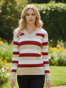 Women's Cold Weather Blouse | Women's Striped Long Sleeve Blouse | Striped V-Neck Blouse | Stripes - 米色 - 查看 2