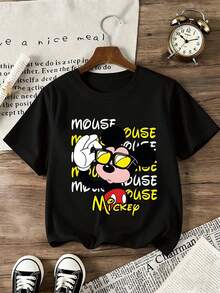 Disney Officially Licensed Kids T-Shirt Unisex For Boys & Girls Black Mickey Mouse Printed Short Sleeve 100% Polyester Ultra Comfortable Super Soft High-Quality Everyday Wear Relaxed Fit Stylish Design Perfect For Ages 1-14 Summer Outings Social Style Statement Limited Edition Disney Design New Arrival Express Delivery - 黑色 - 查看 2