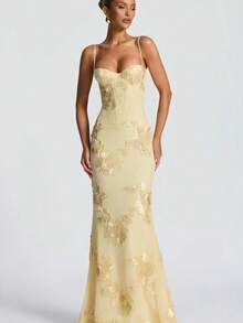 Women's High-End Banquet Flower Decor Evening Dress, Elegant Spaghetti Strap Dress, Slim Fit French Style Backless Solid Color Maxi Dress - Màu vàng - Xem 2