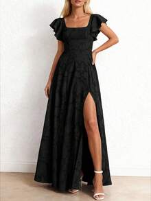 Women's Elegant Lace Floral Slit Cocktail Dress, Summer Formal Long Wedding Guest Bridesmaid Gown - màu đen - Xem 1