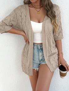 Elegant Open Front Hollow Out Ribbed Drop Shoulder Mid-Sleeve Women Knit Cardigan, Spring/Summer - Khaki - View 10