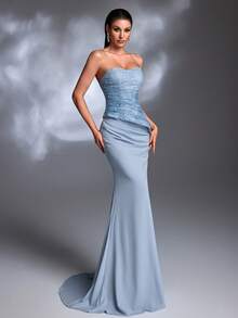 浅蓝色蕾丝刺绣无肩带褶皱系带鱼尾拖尾优雅晚礼服 - 湖藍色 - 查看 4