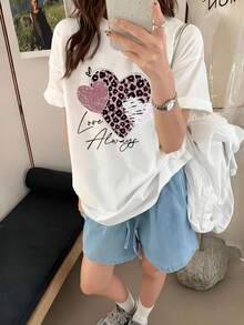 Women's Round-Neck Short-Sleeve T-Shirt, Summer New Heart-Shaped Leopard Print Pattern, Fashionable Casual Versatile Loose Top - White - View 1