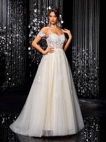 Patchwork Solid Color Applique Zipper Sequin Patchwork Wedding Dress White - White - View 4