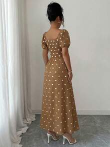 Elegant Printed Long Dress, Spring Style, Lined With Elastic, Short Puff Sleeves, Spring/Summer Fashion - Khaki - View 4