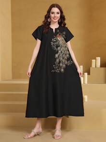 Áo dài Jalabia kiểu Ả Rập thêu hạt cườm vàng sang trọng, cổ chữ V viền vàng, thiết kế mới cao cấp năm 2026 dành cho tháng Ramadan. - màu đen - Xem 2