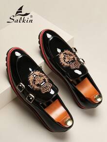 奢华复古设计师男士乐福鞋，优雅绅士社交皮鞋，双扣设计，刺绣蜜蜂和皇冠图案，亮面漆皮，轻便休闲正装鞋，适合商务、派对、婚礼、正式场合以及春秋季节穿着。尺码偏小，请订购大一码。 - 黑色 - 查看 4