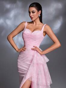 浅粉色蕾丝刺绣细肩带心形领口褶皱多层薄纱系带高开衩鱼尾拖尾优雅公主风晚礼服派对 - 淺粉色 - 查看 1