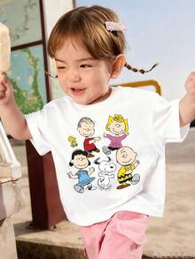 SNOOPY-Cute Value Full! Peanut Comics Family Photo T-Shirt With White Background And Colorful Childlike Design, A Cartoon Top That Babies Love So Much - 白色 - 查看 2