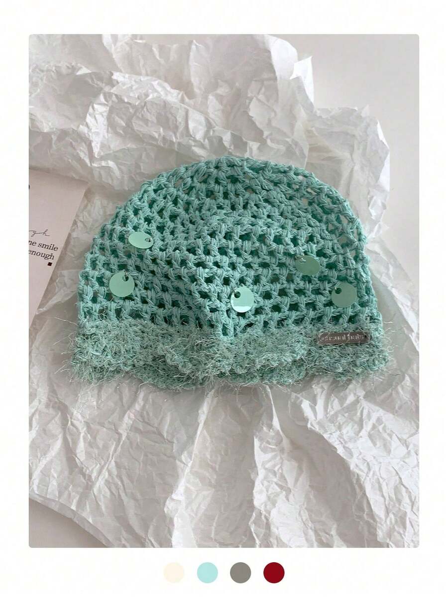 1顶黑色亮片字母标签手工钩织镂空亮片针织帽，时尚复古百搭轻便透气针织帽，适合女士，春夏款 - 彩色 - 查看 1