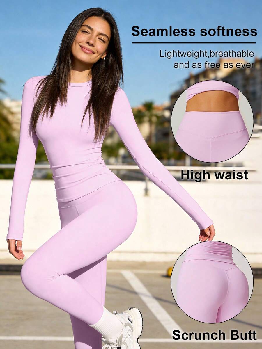 女士纯色休闲运动上衣和裤子套装，适合日常瑜伽和锻炼，粉色春季款 - 粉色 - 查看 1