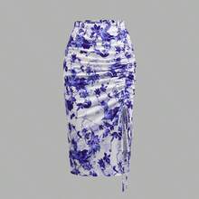 Falda de punto con estampado floral patchwork, de corte elegante y casual, con estilo bohemio y sexy, con cintura anudada, adecuada para vacaciones, citas nocturnas, fiestas de cumpleaños, primavera/verano - Azul y blanco - Ver 9