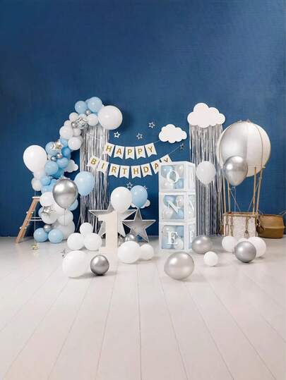 Dekorationer för bebis pojke och flickas första födelsedagsfest med 'ONE' bokstäver, individuella tre vita, genomskinliga fyrkantiga lådor med 24 ballonger, dekoration för 1-åring, födelsedagsfest, dekoration och bakgrund