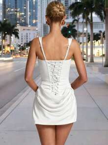Fashionable Sexy Elegant Short Spaghetti Strap Mini Bodycon Dress, Summer Pleated Party Cocktail Dress, Brown Fishbone Tie Back Backless Evening Gown - 白色 - 查看 2