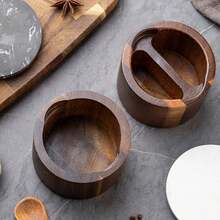 1个带勺子的木制盐罐，厨房大理石盖调味盒，防潮香料储存容器，木制盐和胡椒研磨器套装，木制盐和胡椒研磨器套装，厨房，盐和胡椒套装 - 彩色 - 查看 3