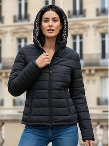Women's Black Padded Coat, Reversible Spring/Autumn Black Bomber - Black - View 1