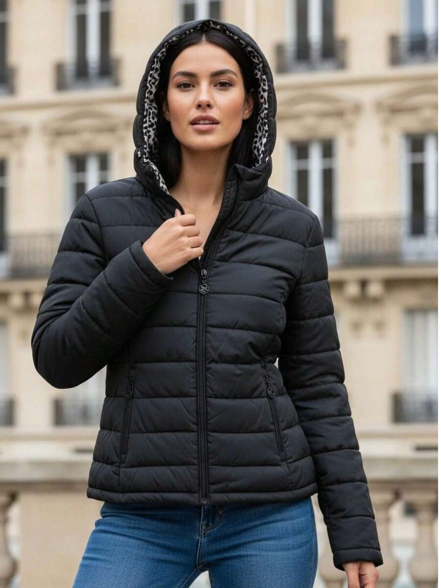 Women's Black Padded Coat, Reversible Spring/Autumn Black Bomber - Black - View 1