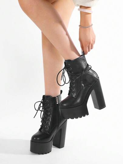 Gdgydh Black Platform Heels Ankle Boots For Women Round Toe Fashion Bowknot Woman Lace Up Cosplay Lolita Shoes Spring Autumn Motorcycle Boots With Zipper