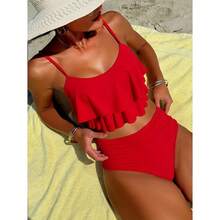 Red Ruffled Bikini Set For Women - 2 Piece Swimsuit High Waist Bathing Suit - Adjustable Straps, Ruched Cami Top - Summer Beach Pool Vacation Outfits - 多色251 - 查看 1