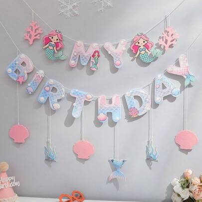 Mermaid Shell Pearl Birthday Party Decorations Banner, Wall Hanging